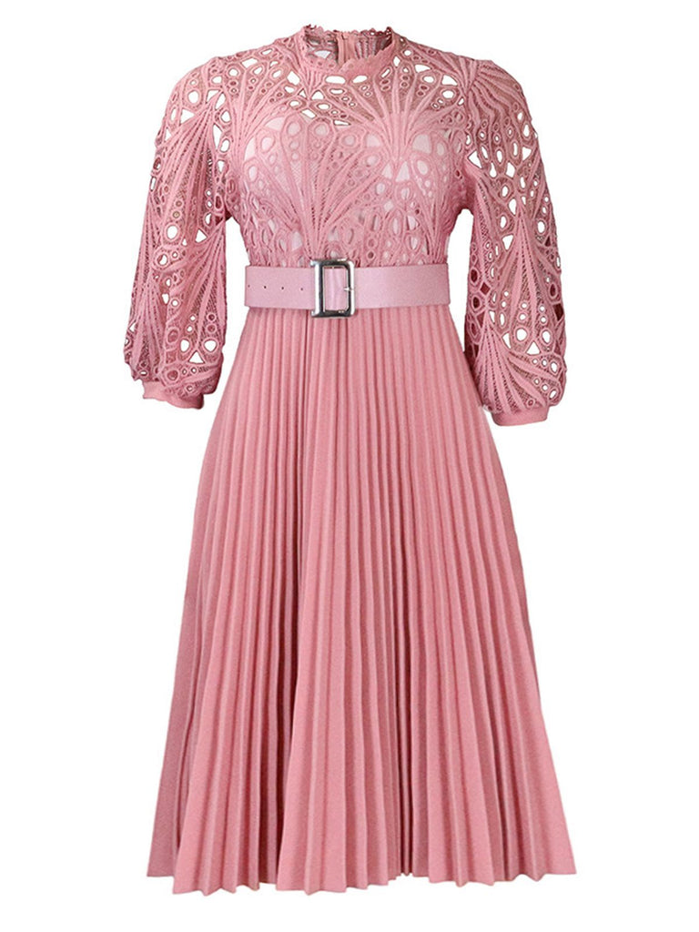 1960s Solid Lace Crochet Pleated Belted Dress: where 1960s romance meets her modern spirit
