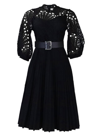 She slips into this 1960s Solid Lace Crochet Pleated Belted Dress and suddenly it's a 1960s daydream