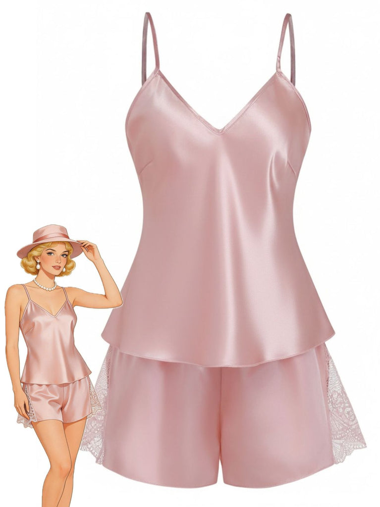 1960s Solid Lace Trim Satin Cami Patchwork Pajama Set - vintage fashion, retro style