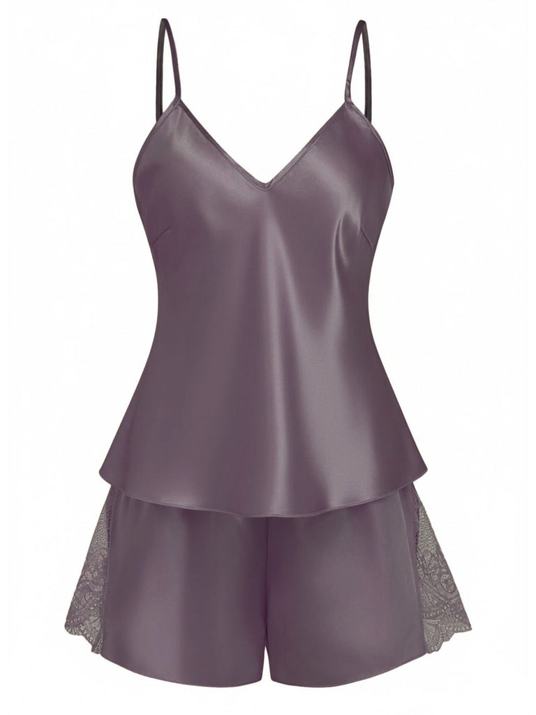 1960s Solid Lace Trim Satin Cami Patchwork Pajama Set - vintage fashion, retro style