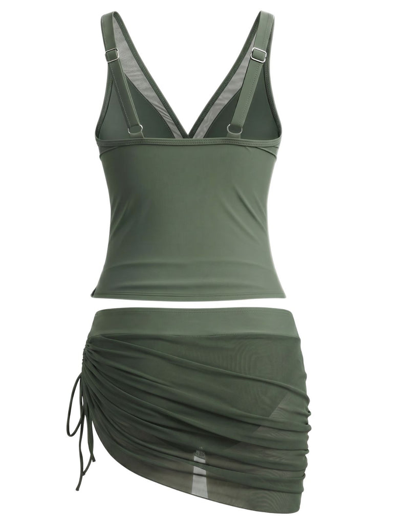 1960s Solid Mesh V-Neck Tankini Set & Ruched Skirt, vintage skirt, retro style - perfect for women who love vintage and retro fashion