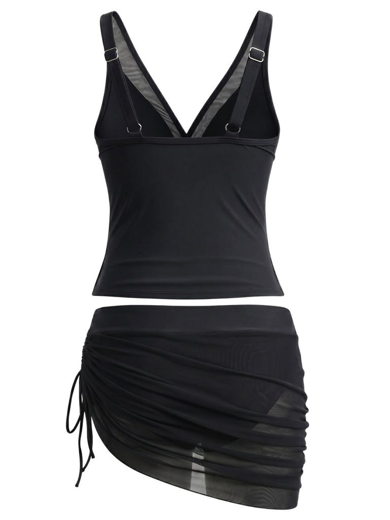 1960s Solid Mesh V-Neck Tankini Set & Ruched Skirt, vintage skirt, retro style - perfect for women who love vintage and retro fashion