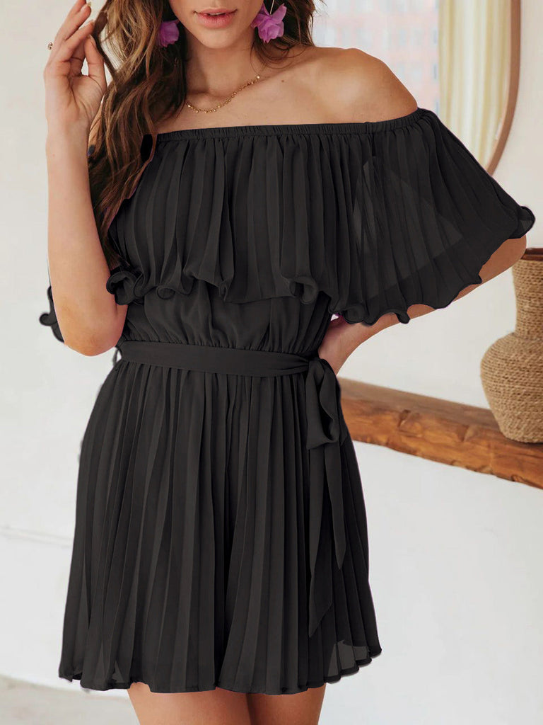 1960s Solid Off Shoulder Pleated Romper 3