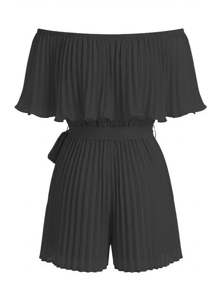 1960s Solid Off Shoulder Pleated Romper 4