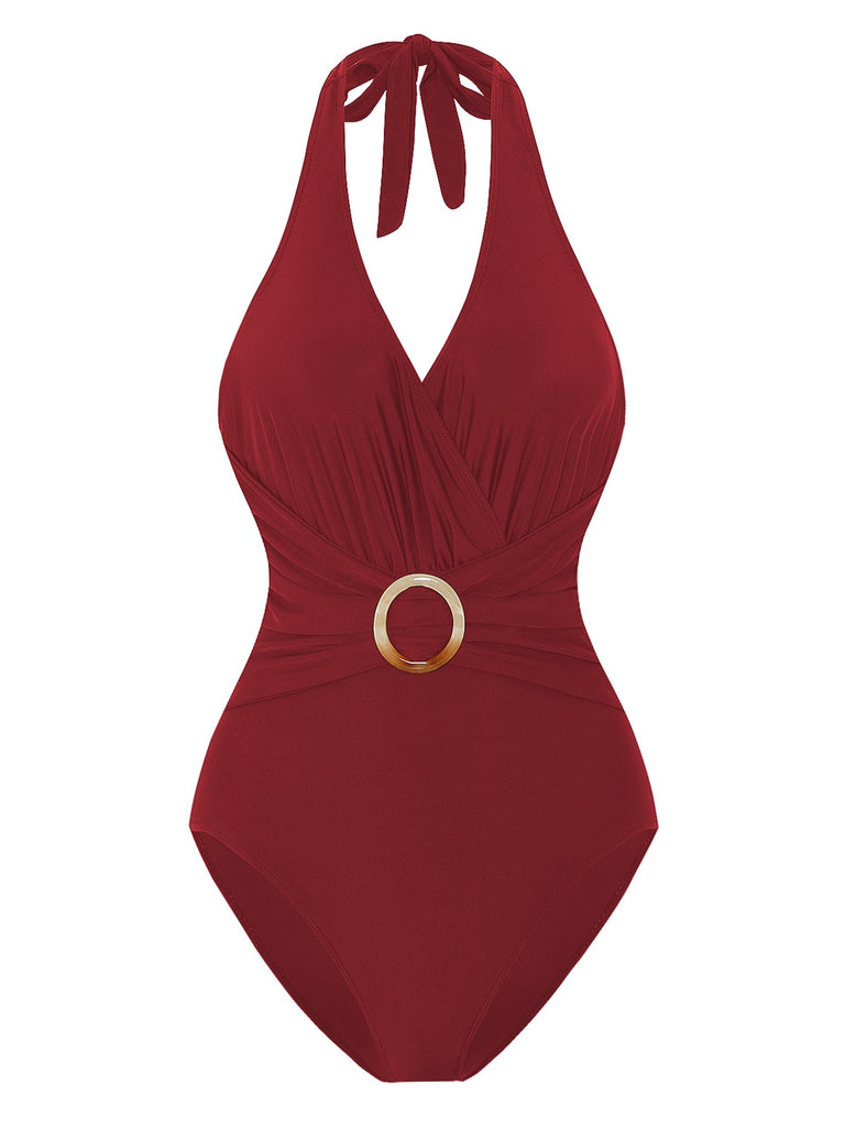 1960s Solid Ring Belt Halter Swimsuit — because 1960s glamour never goes out of style