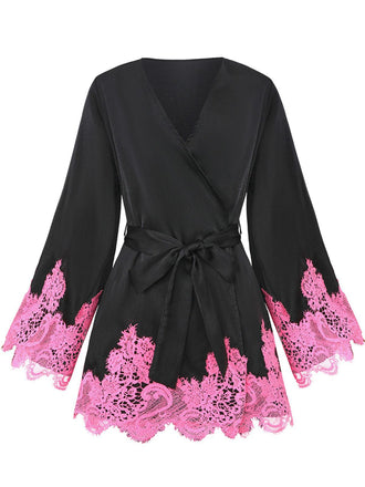 1960s Solid Satin Lace Trim Patchwork Tie Dress - vintage dress, retro fashion