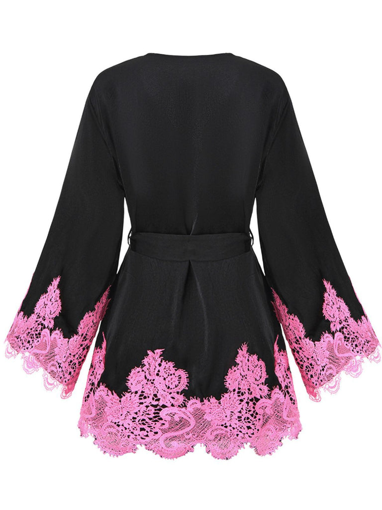 1960s Solid Satin Lace Trim Patchwork Tie Dress - vintage dress, retro fashion