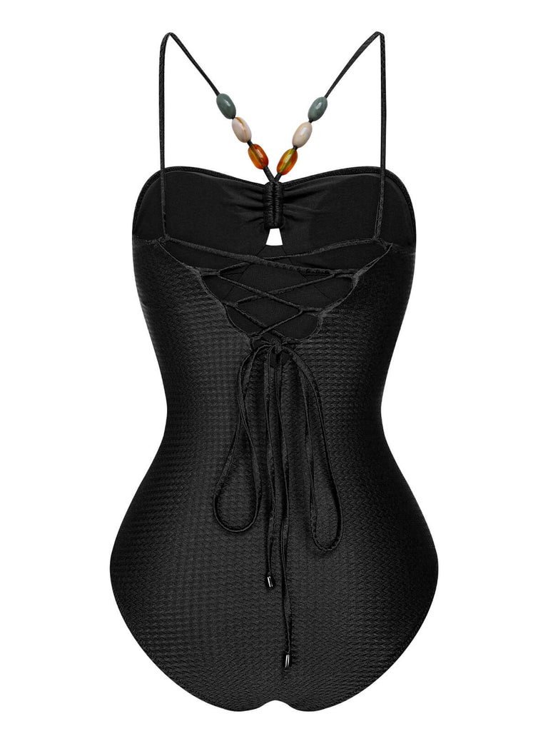 1960s Solid Textured Bandeau Halter Swimsuit, vintage swimsuit, pin-up swimwear - perfect for women who love vintage and retro fashion