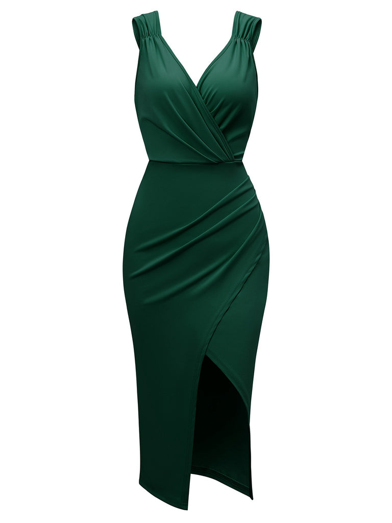 1960s Solid V-Neck Side Slit Bodycon Dress: where 1960s romance meets her modern spirit