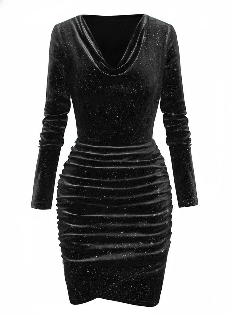 1960s Solid Velvet Long Sleeve Cowl Neck Dress - vintage dress, retro fashion