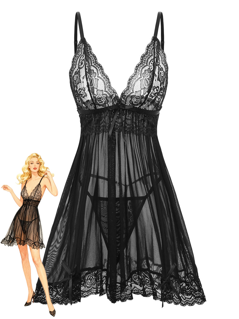1960s Spaghetti Strap Lace Sheer Babydoll Lingerie Set - vintage fashion, retro style