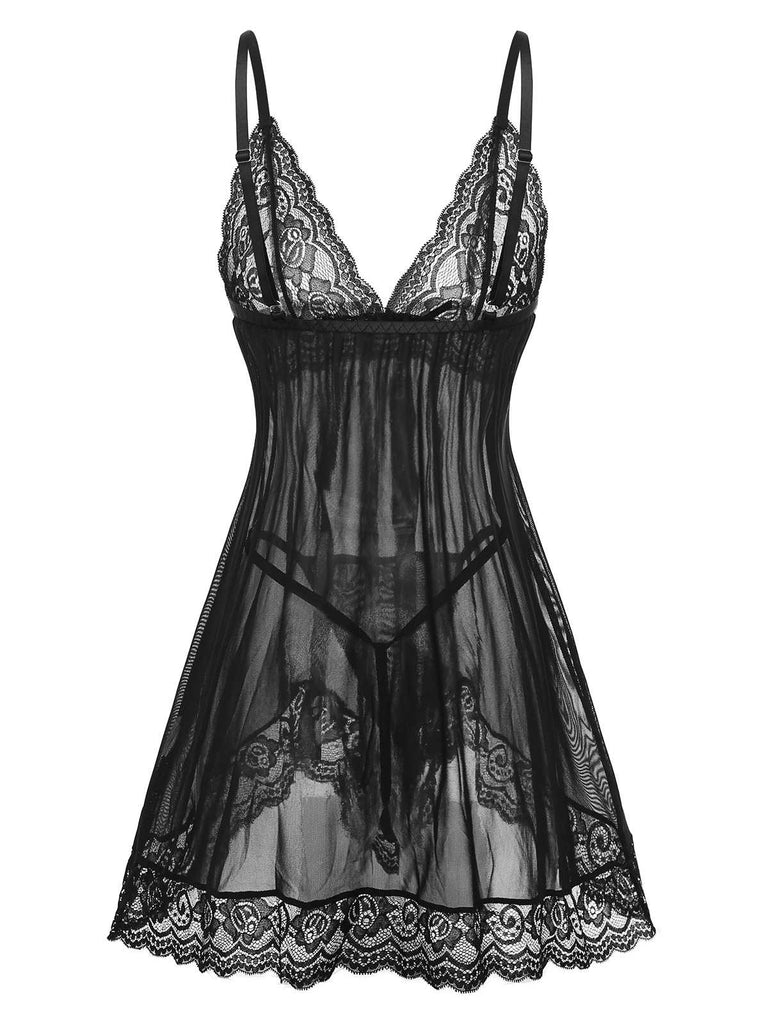 1960s Spaghetti Strap Lace Sheer Babydoll Lingerie Set - vintage fashion, retro style
