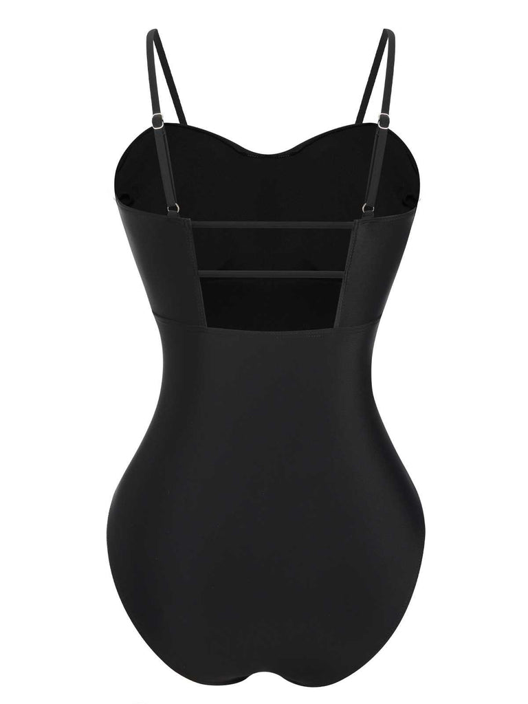 1960s Spaghetti Strap Plants Solid One-Piece Swimsuit: 1960s Riviera elegance, reimagined for her