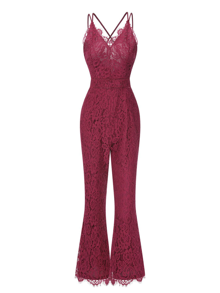 She finds her 1960s story in this 1960s Spaghetti Strap V-Neck Lace Jumpsuit