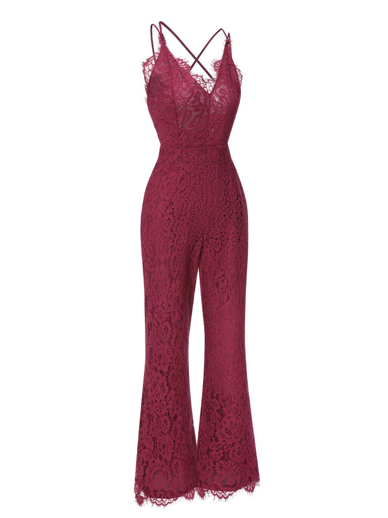 1960s Spaghetti Strap V-Neck Lace Jumpsuit: timeless 1960s elegance she makes her own