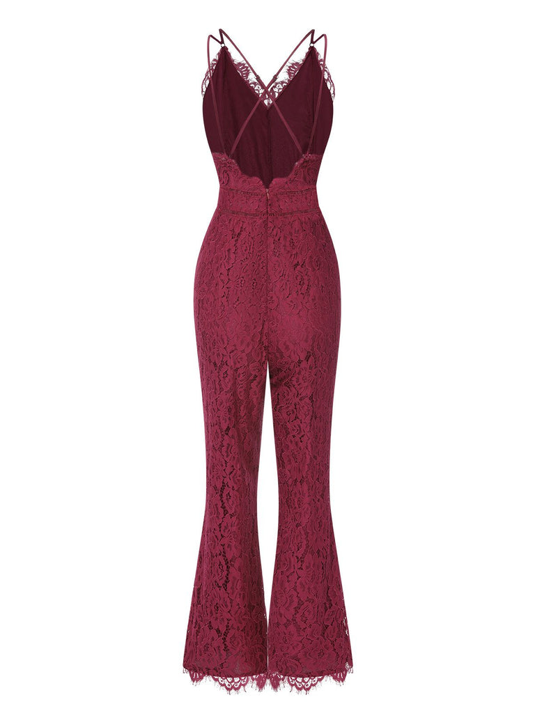 This 1960s Spaghetti Strap V-Neck Lace Jumpsuit whispers 1960s secrets to those who notice
