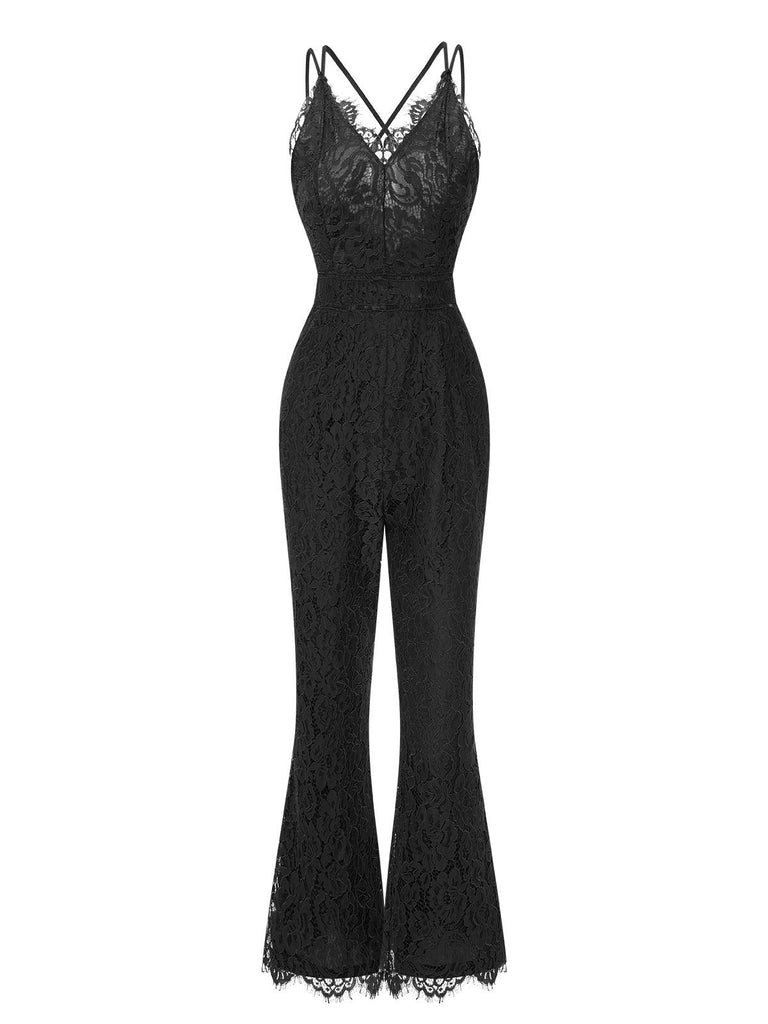 She finds her 1960s story in this 1960s Spaghetti Strap V-Neck Lace Jumpsuit