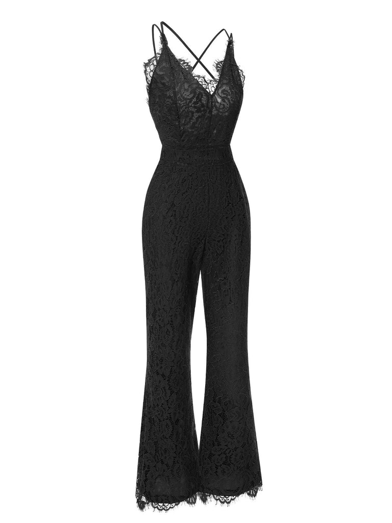 1960s Spaghetti Strap V-Neck Lace Jumpsuit: timeless 1960s elegance she makes her own