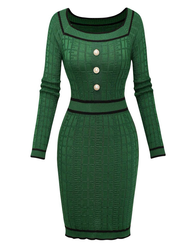 1960s Square Neck Pearl Button Knitted Dress - vintage dress, retro fashion