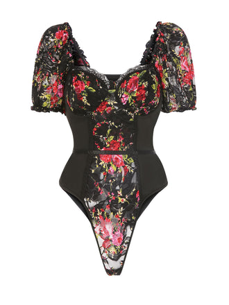 She finds her 1960s story in this 1960s Sweetheart Neck Puff Sleeve Lace Ruffles Bodysuit