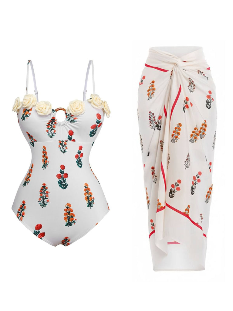 2PCS White 1960s 3D-Flower Spaghetti Straps Swimsuit & Cover-Up - vintage swimsuit, pin-up style, pure white