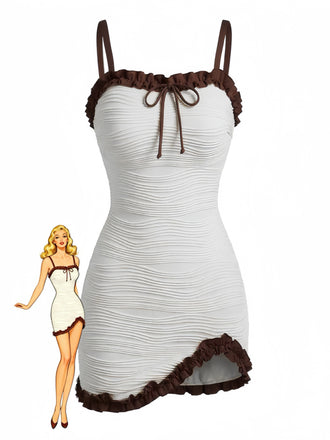 2PCS White 1960s Ruffle Tie Front Textured Bodycon Swimsuit - vintage swimsuit, pin-up style, elegant red