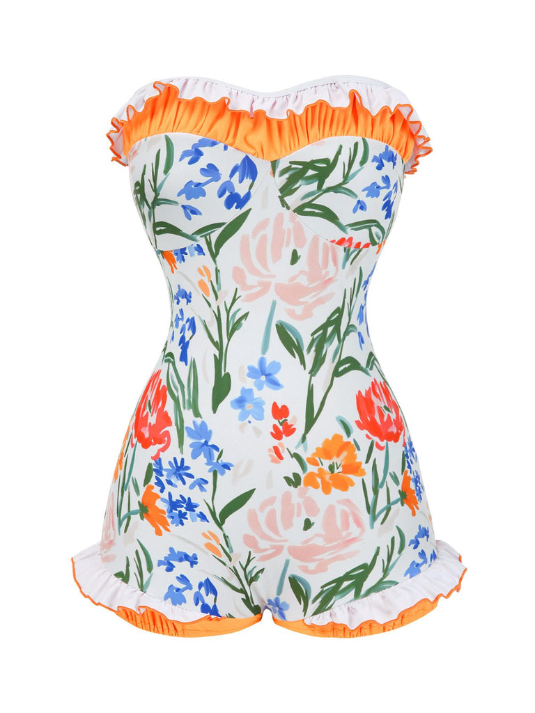 Multicolor 1960s Painted Floral Bandeau One-Piece Swimsuit - vintage swimsuit, pin-up style