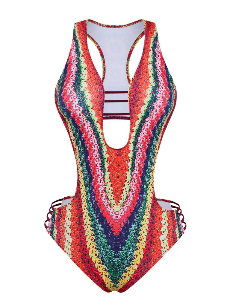 Multicolor 1960s Rainbow Cutout Strappy Faux Crochet Swimsuit - vintage swimsuit, pin-up style