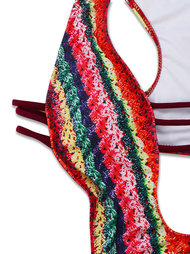 Multicolor 1960s Rainbow Cutout Strappy Faux Crochet Swimsuit - vintage swimsuit, pin-up style