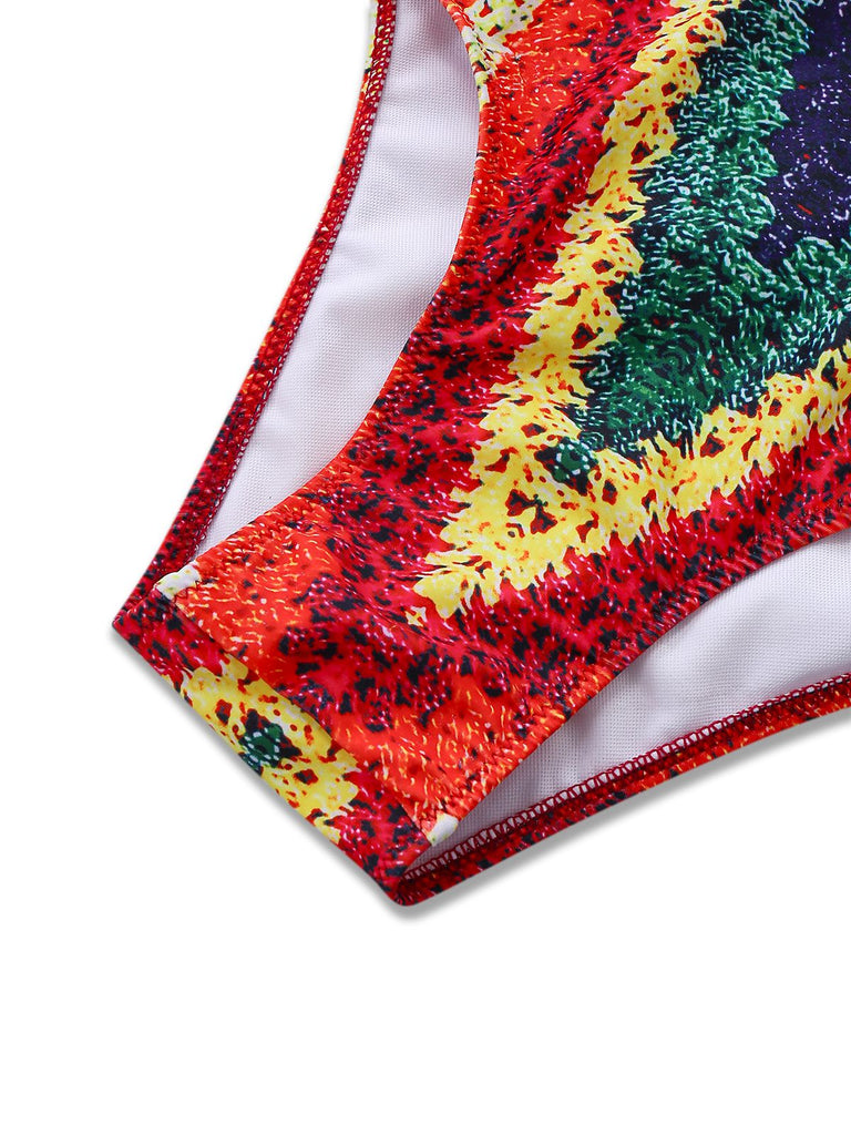 Multicolor 1960s Rainbow Cutout Strappy Faux Crochet Swimsuit - vintage swimsuit, pin-up style