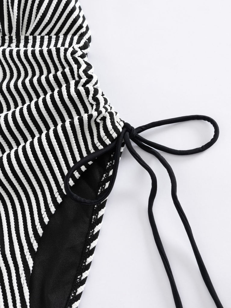 1960s Spaghetti Strap Contrast Stripes One-Piece Swimsuit - vintage swimsuit, pin-up style