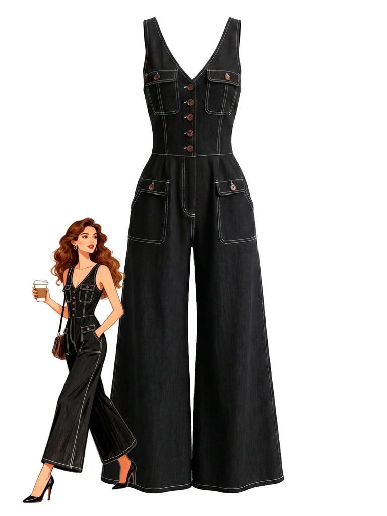 1960s V Neck Denim Vintage Jumpsuit 2