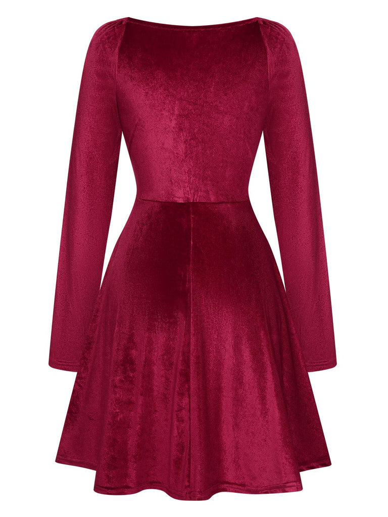 She slips into this 1960s V-Neck Velvet Long Sleeve A-Line Dress and suddenly it's a 1960s daydream
