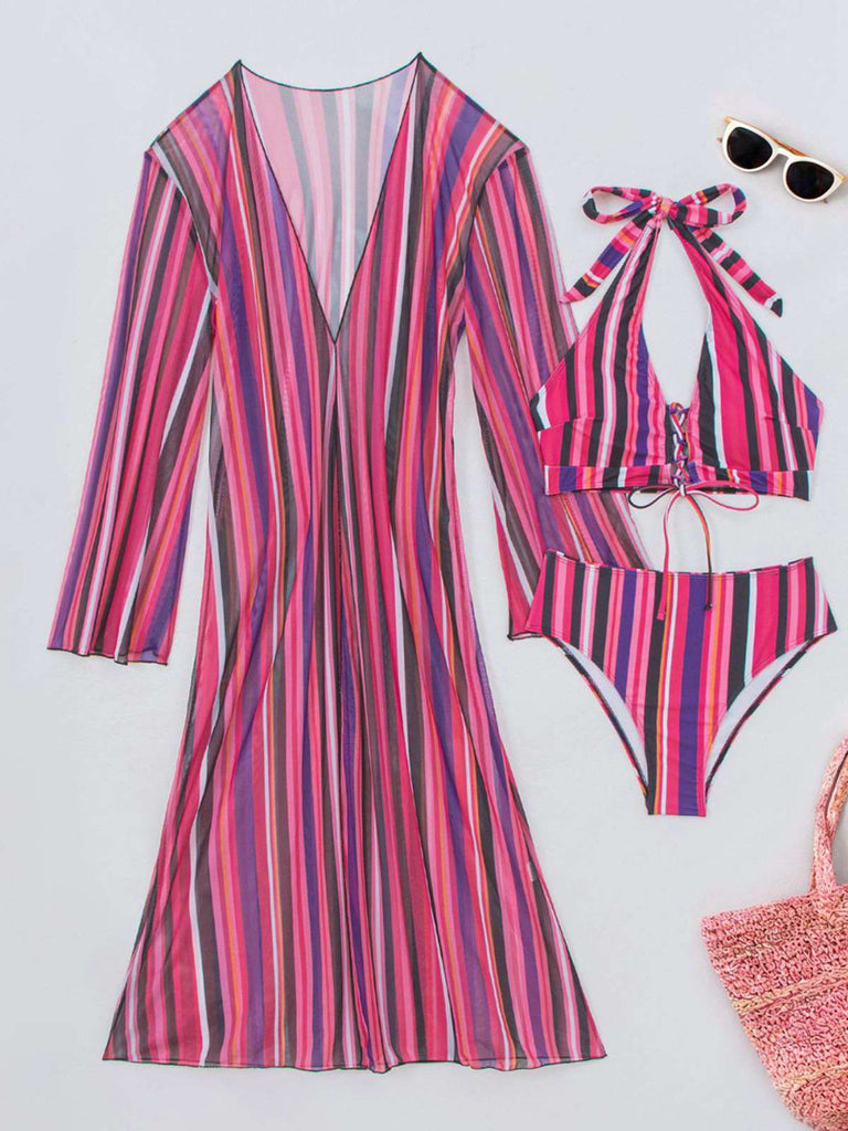1960s Vertical Stripe Lace-Up Bikini Set & Cover-Up, vintage swimsuit, pin-up swimwear - vintage inspired fashion