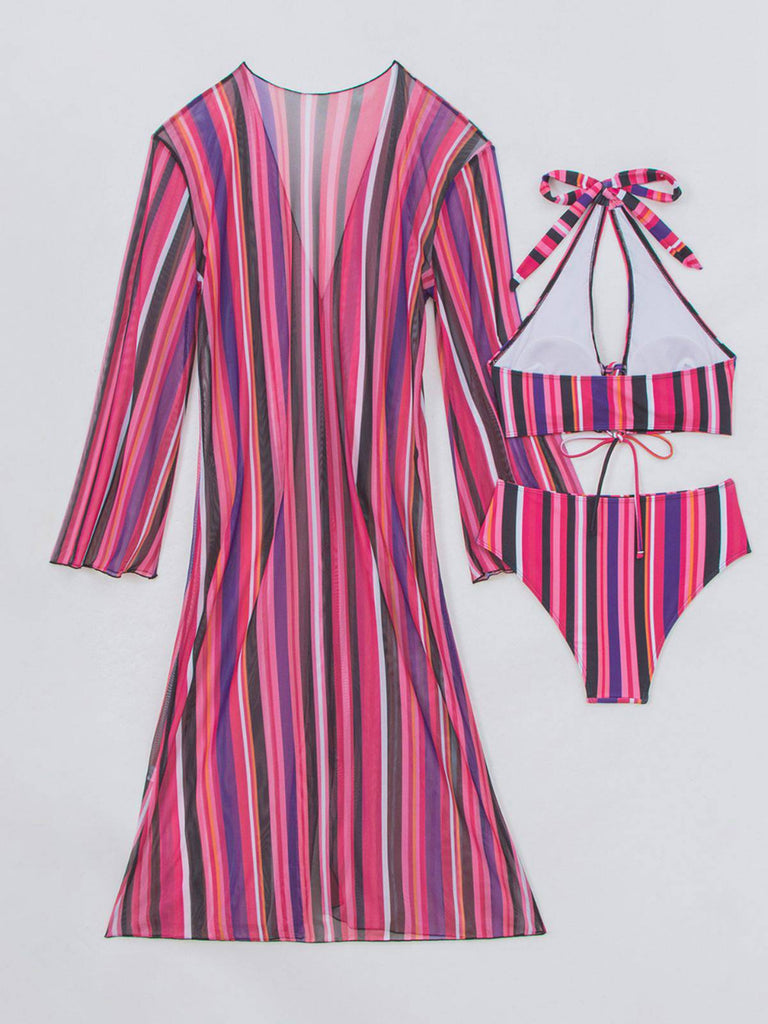 1960s Vertical Stripe Lace-Up Bikini Set & Cover-Up, vintage swimsuit, pin-up swimwear - vintage inspired fashion