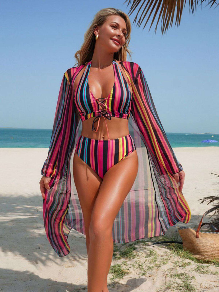 1960s Vertical Stripe Lace-Up Bikini Set & Cover-Up