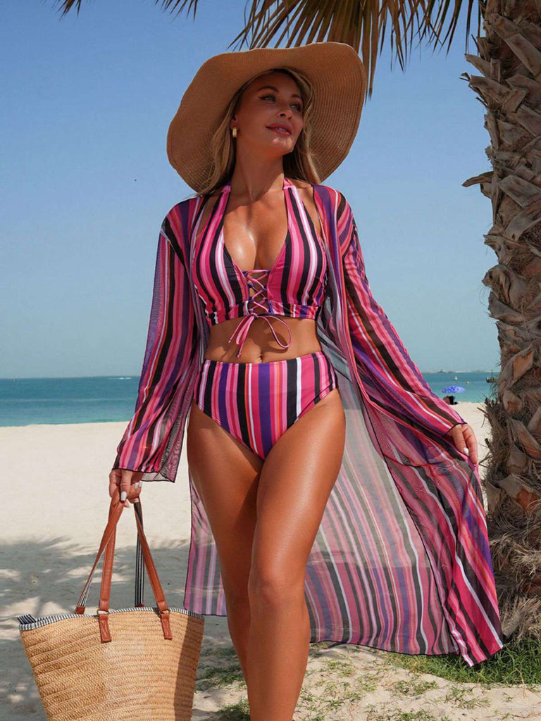 1960s Vertical Stripe Lace-Up Bikini Set & Cover-Up