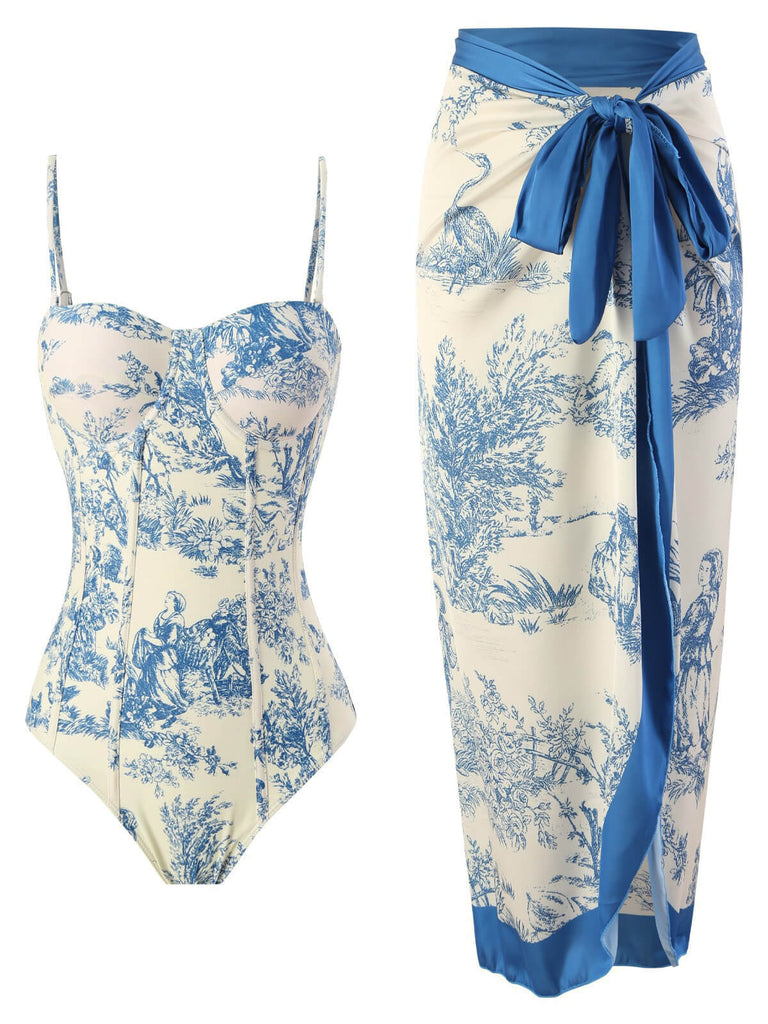 1960s Vintage Ink Floral Swimsuit & Cover-Up: 1960s Riviera elegance, reimagined for her