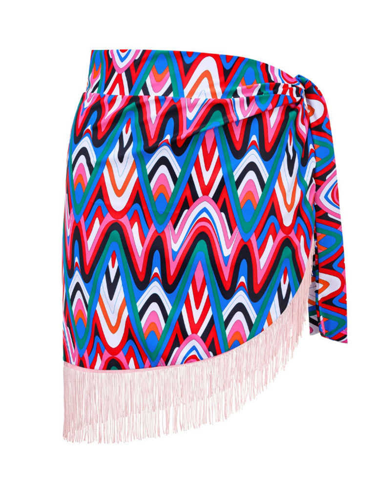 3PCS 1970s Fringe Print Lace-up Halter Bikini Set & Cover Up - vintage fashion, retro style