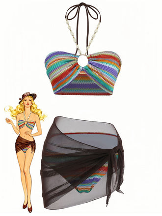 3PCS Multicolor 1970s Halter Rainbow Stripes Shell-Strap Bikini Set - vintage fashion, retro style