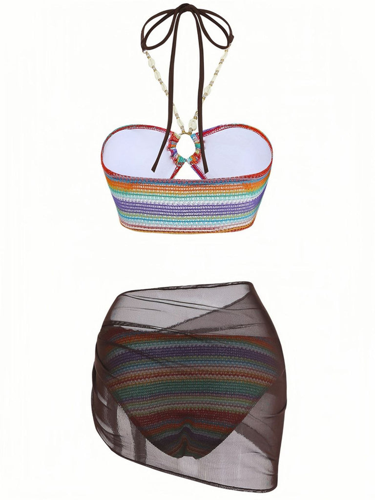 3PCS Multicolor 1970s Halter Rainbow Stripes Shell-Strap Bikini Set - vintage fashion, retro style