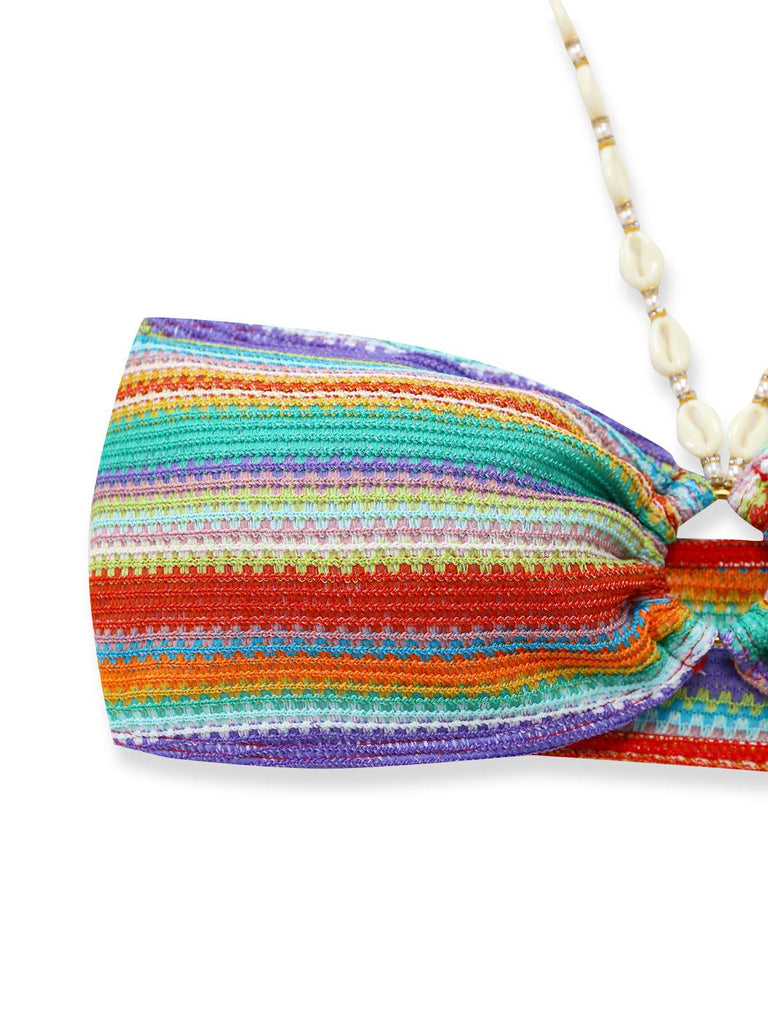 3PCS Multicolor 1970s Halter Rainbow Stripes Shell-Strap Bikini Set - vintage fashion, retro style