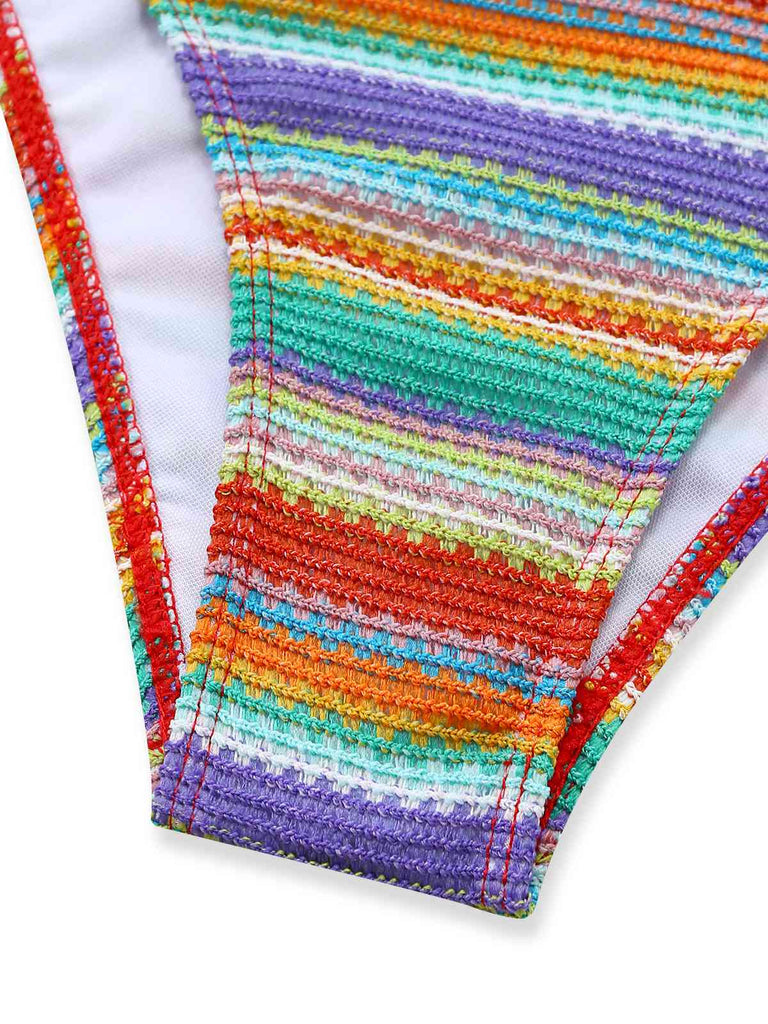 3PCS Multicolor 1970s Halter Rainbow Stripes Shell-Strap Bikini Set - vintage fashion, retro style