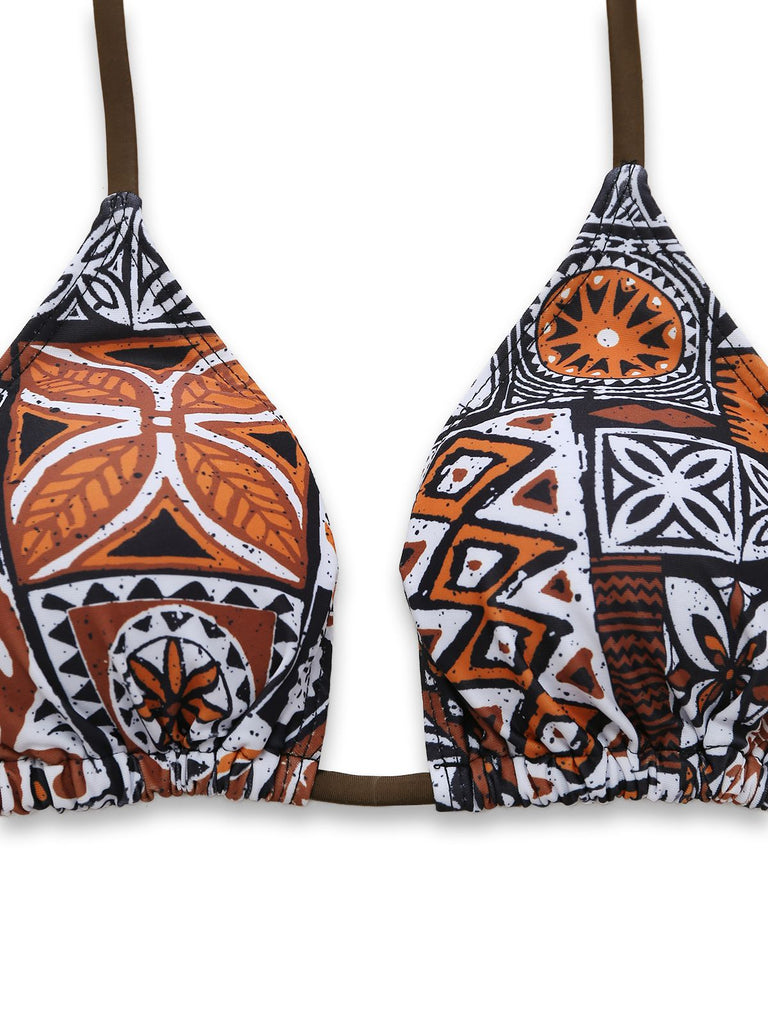 3PCS 1970s Tribal Print Triangle-Strap Bikini Set & Cover-Up - vintage fashion, retro style