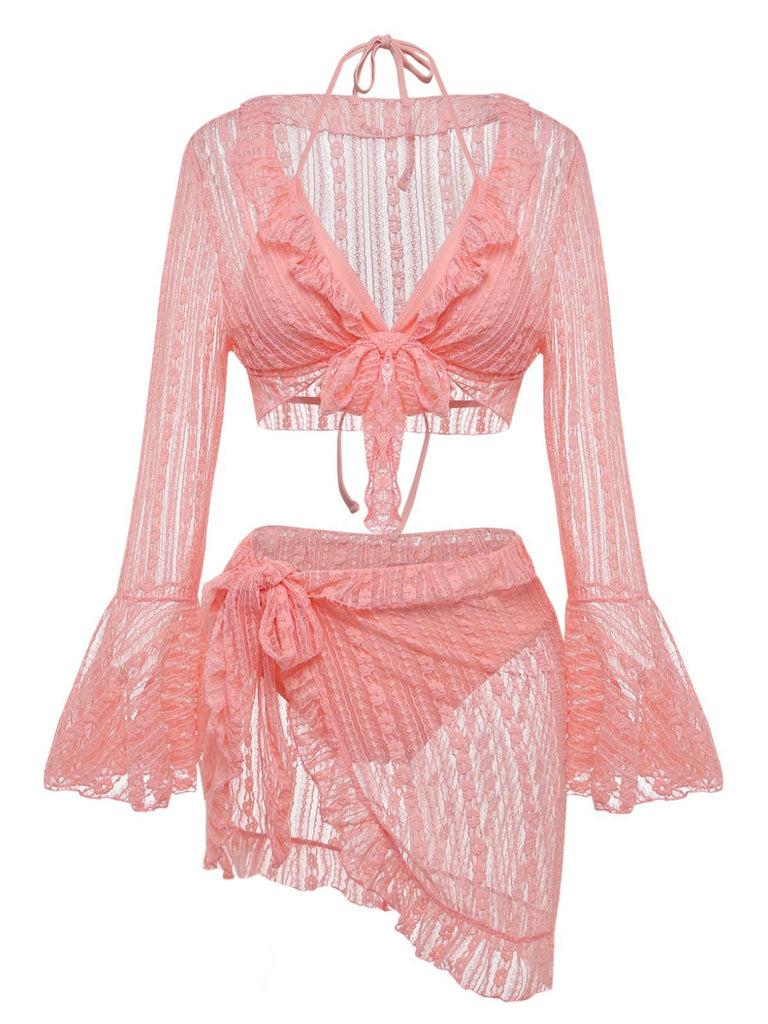 4PCS 1970s Halter Bikini Set & Sheer Bell Sleeve Cover-Up - vintage fashion, retro style