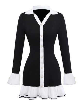 1970s Black & White Contrast Knitted Ruffle Dress - vintage dress, retro fashion, classic black