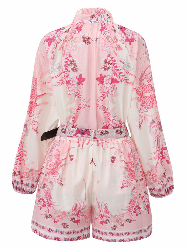 2PCS Pink 1970s Bohemian Floral Blouse & High-Waisted Shorts - vintage fashion, retro style