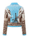 Blue 1970s Landscape Print Lapel Knit Cardigan Sweater - vintage fashion, retro style