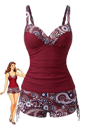 1970s Bohemian Strap V-Neck Tankini Set, bohemian cover up, beach wear - perfect for women who love vintage and retro fashion