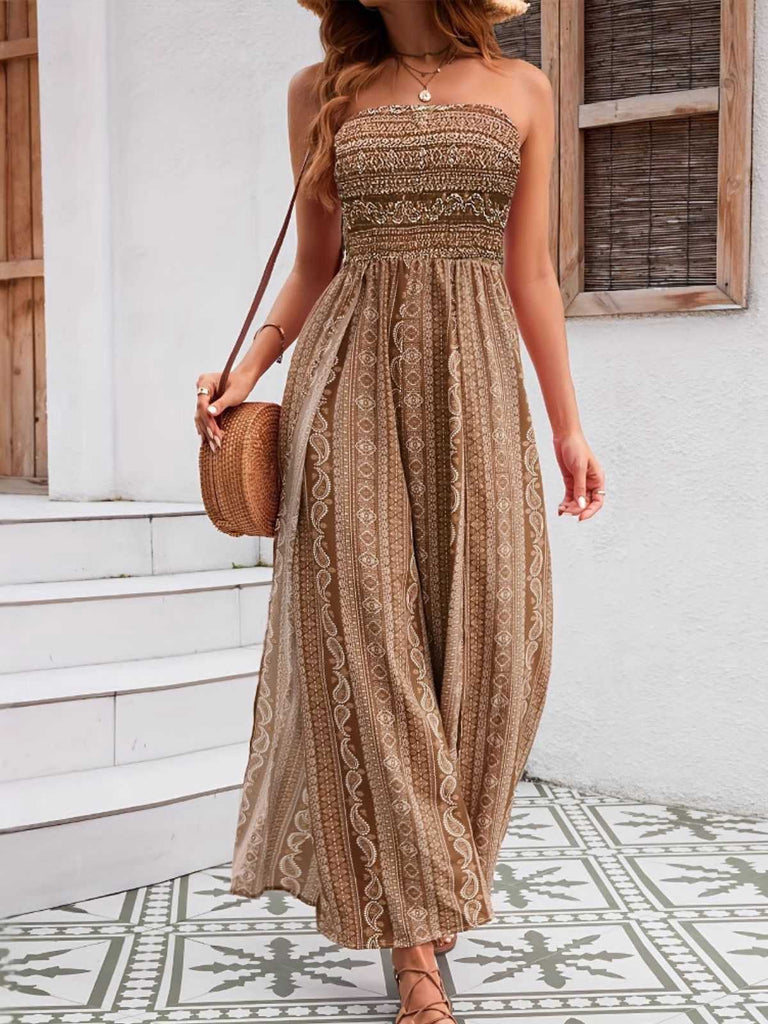 1970s Bohemian Strapless Slit Smocked Jumpsuit - vintage jumpsuit, retro fashion